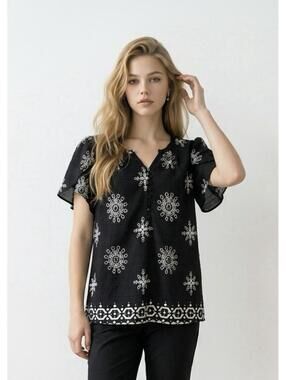 Timeson Womens XL Pullover Blouse Short Tulip Sleeves Black White Front Buttons